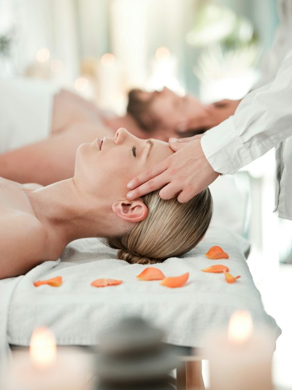 Spa, head massage and hand healthcare or skincare of a woman feeling relax and peace. Wellness, bea